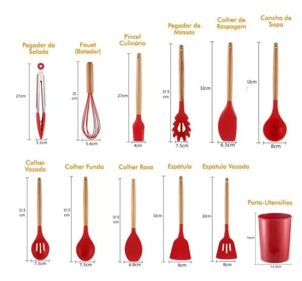 Kit 12 Peças Utensílios de Cozinha Silicone Antiaderente,